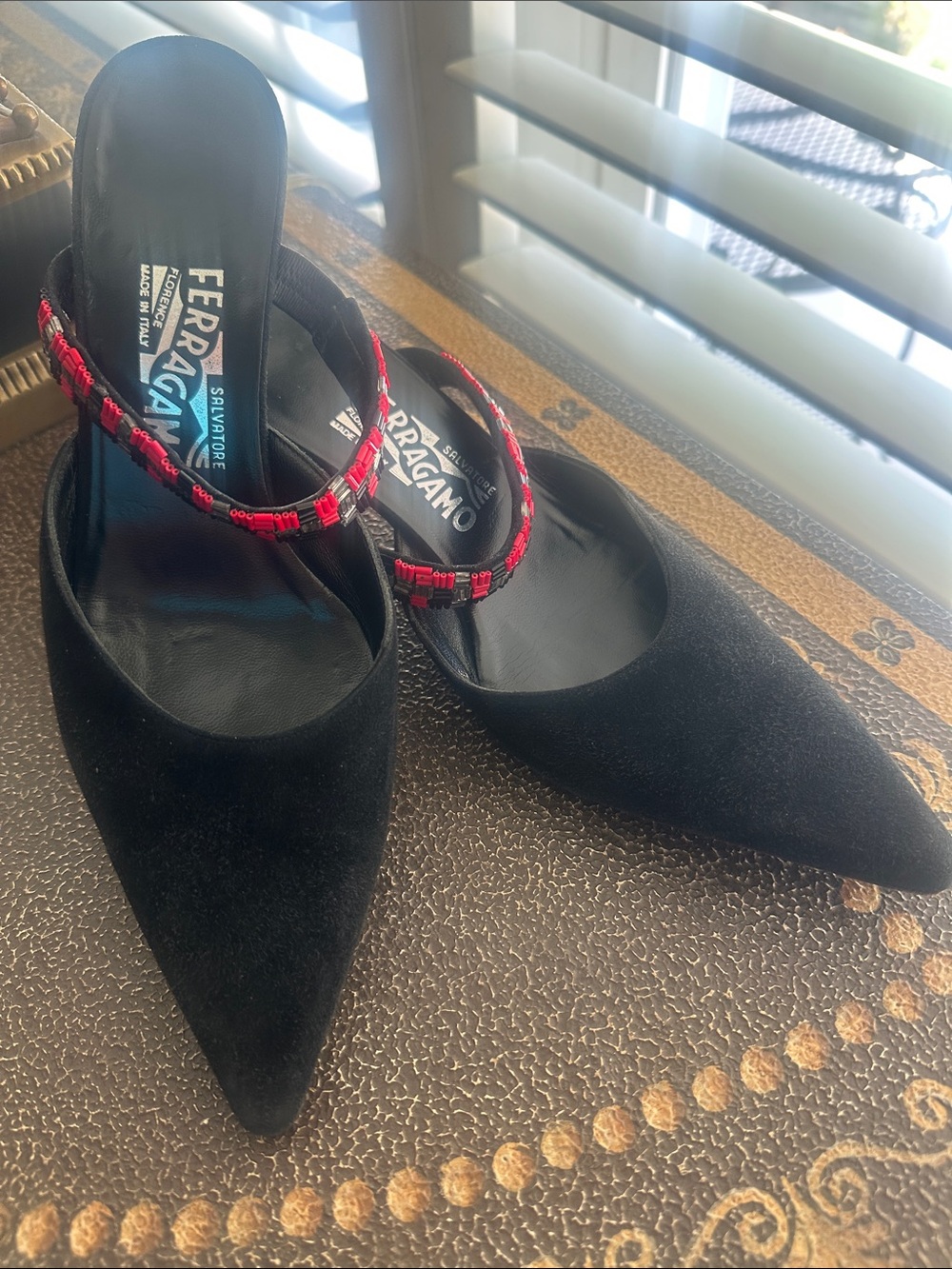 Salvatore Ferragamo Black Pointed Suede Flats with Red Beaded Strap